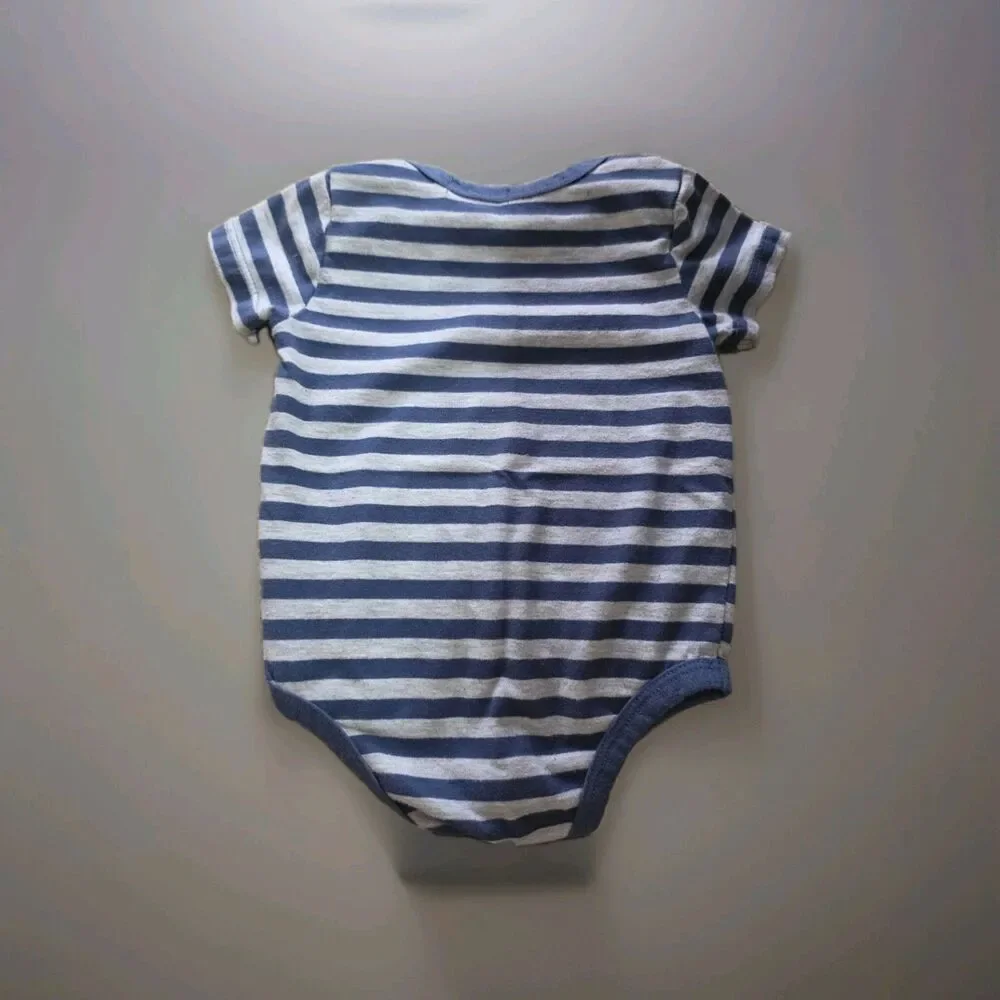 7 For All Mankind 12M Blue/Gray Striped Short Sleeve Bodysuit Snap Pocket